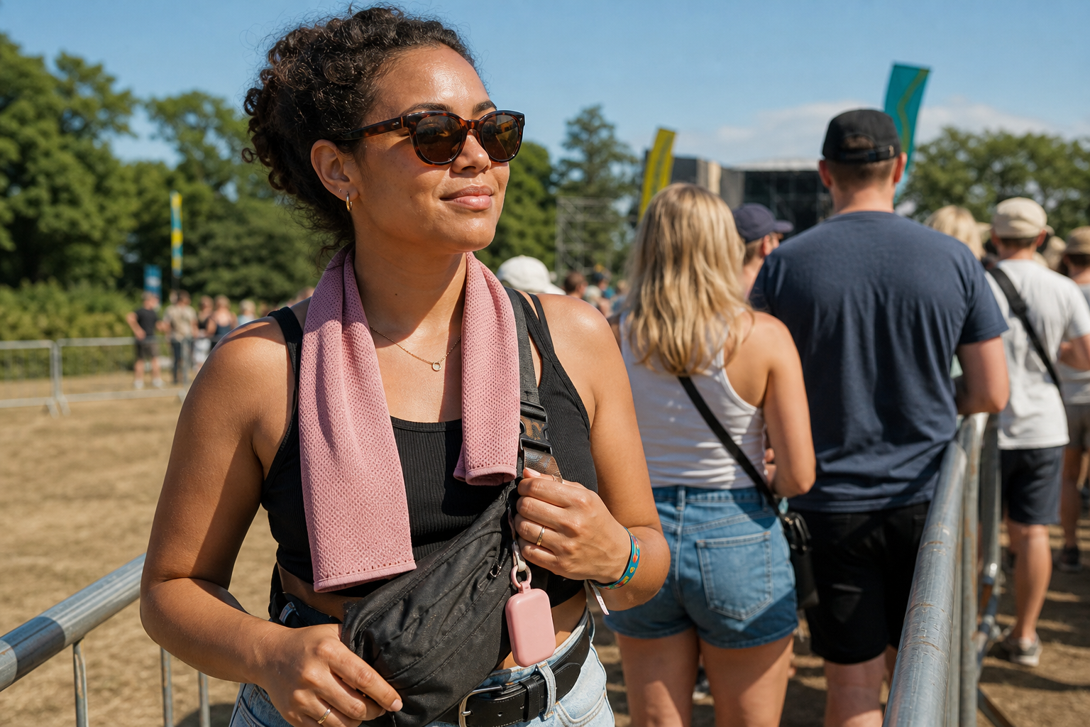 Woman wearing a pink cooling towel in a sunny festival queue