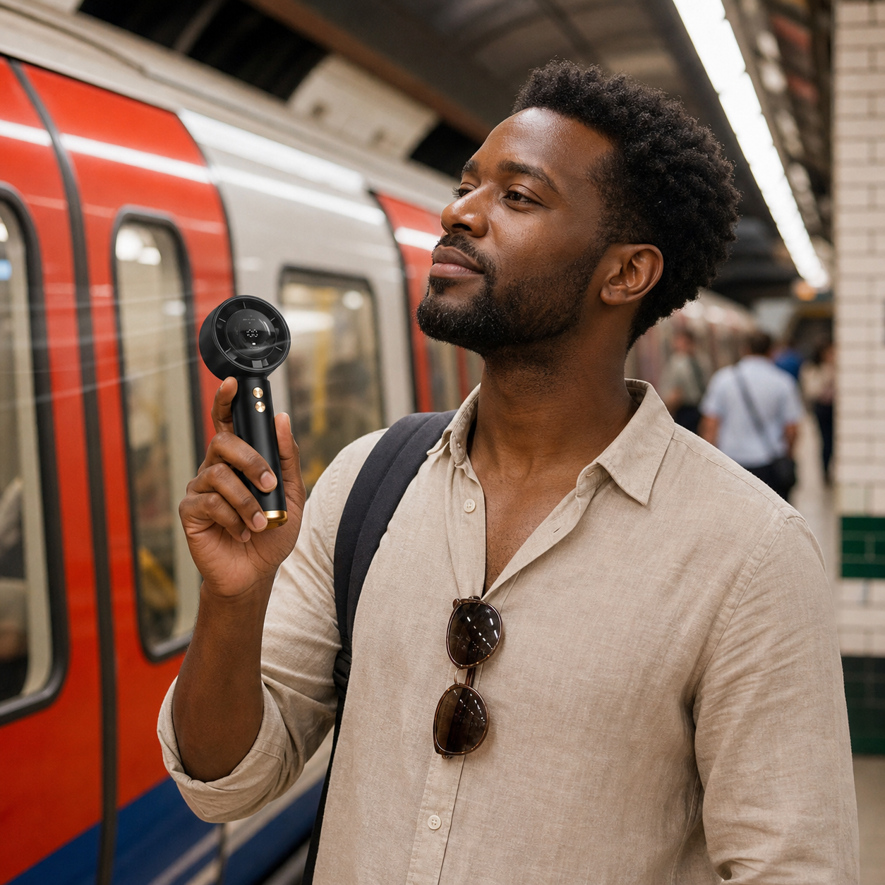Commuter using Pocket Breeze on a warm UK platform