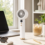 Pocket Breeze rechargeable fan on a bright home office desk