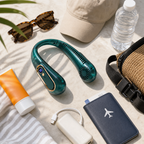 BreezeLoop neck fan packed with summer travel and festival essentials