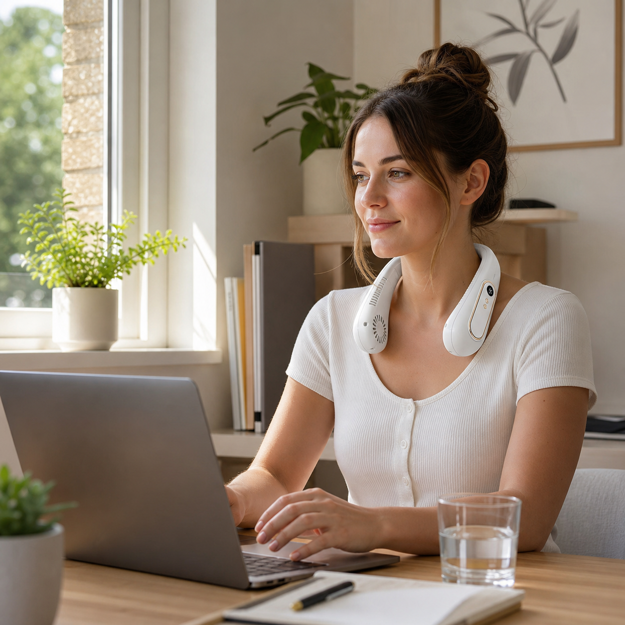 BreezeLoop wearable neck fan used in a warm home office