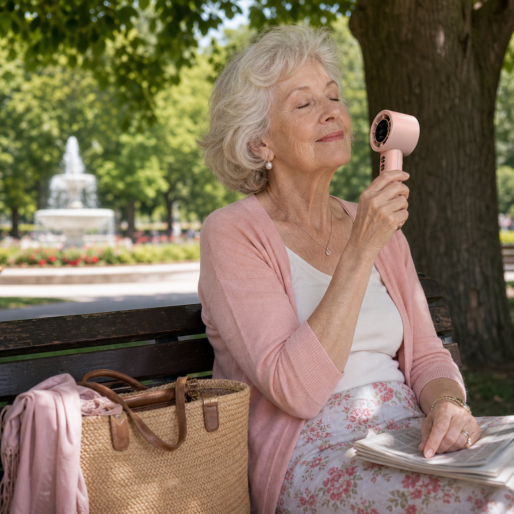 Older shopper using Pocket Breeze in a shaded UK park