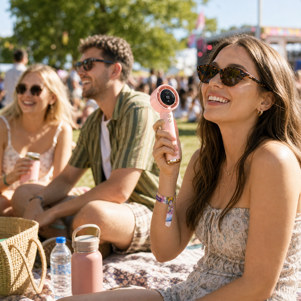 Pocket Breeze handheld fan at a sunny UK summer festival