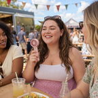 Friends using a pink fan at a UK summer market