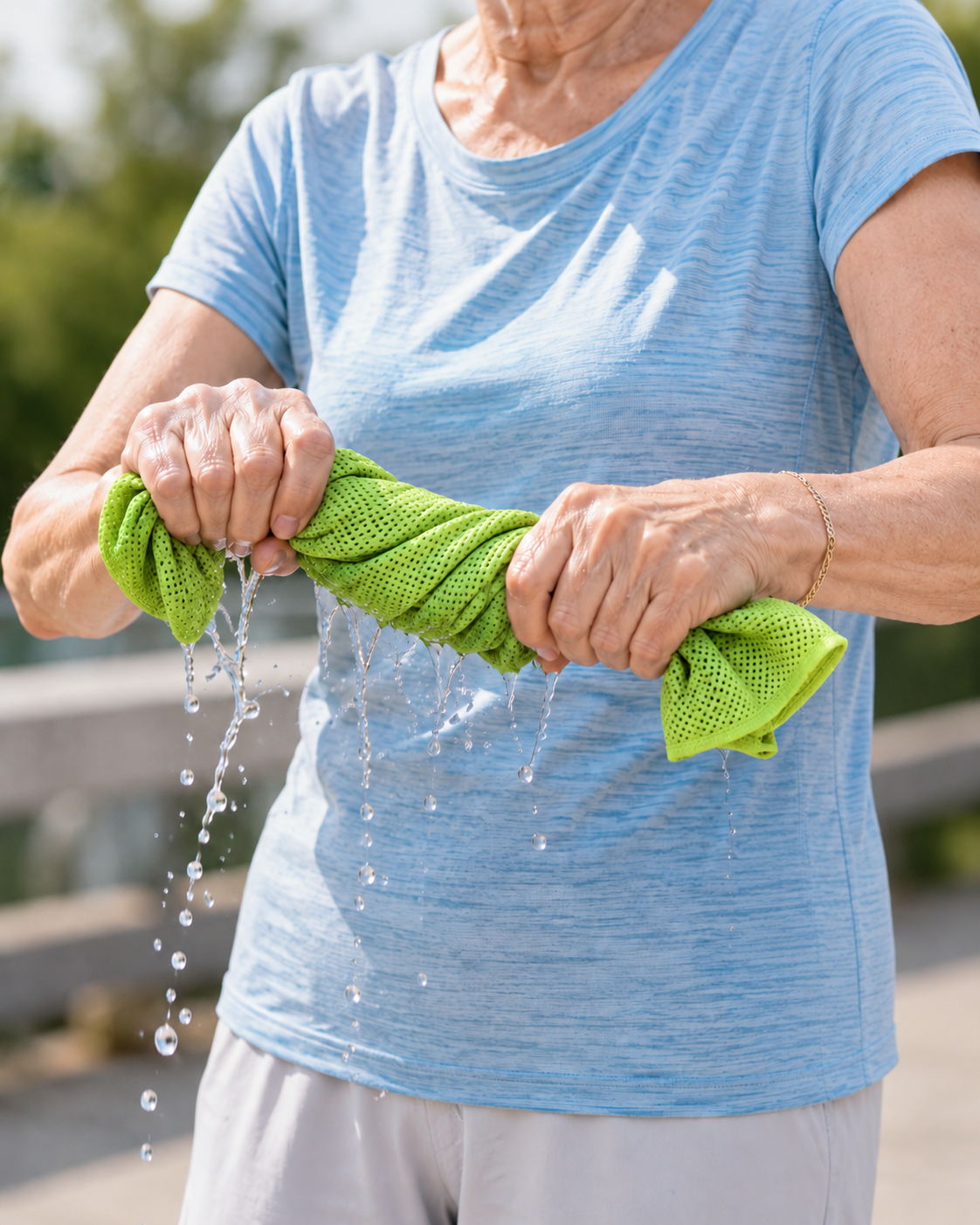 Green CoolClip cooling towel being wrung out outdoors