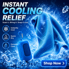 CoolClip instant cooling relief graphic showing blue towel, portable case, and quick dry benefits