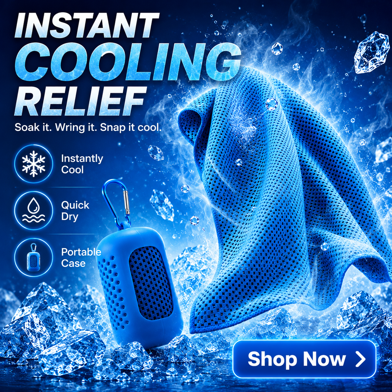CoolClip instant cooling relief graphic showing blue towel, portable case, and quick dry benefits