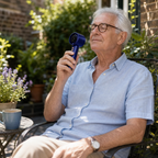 Older shopper using a navy fan in a UK garden