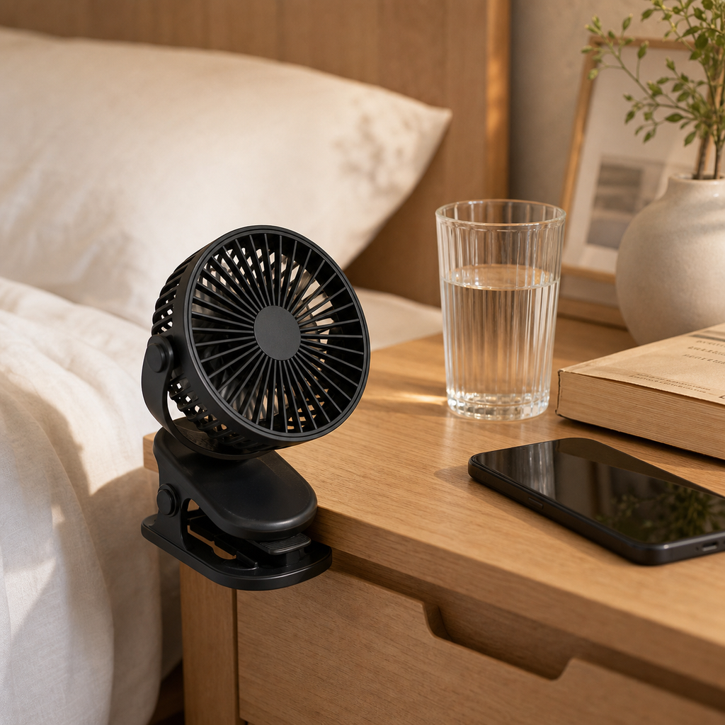 ClipCool clip fan on a bedside table for warm nights