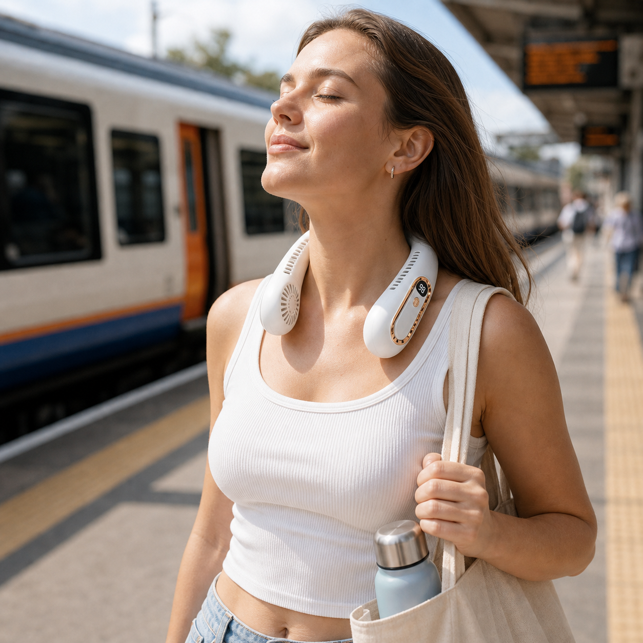 BreezeLoop wearable neck fan for warm commutes and train platforms