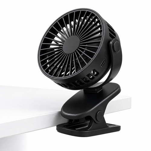 ClipCool rechargeable clip fan attached to a desk edge