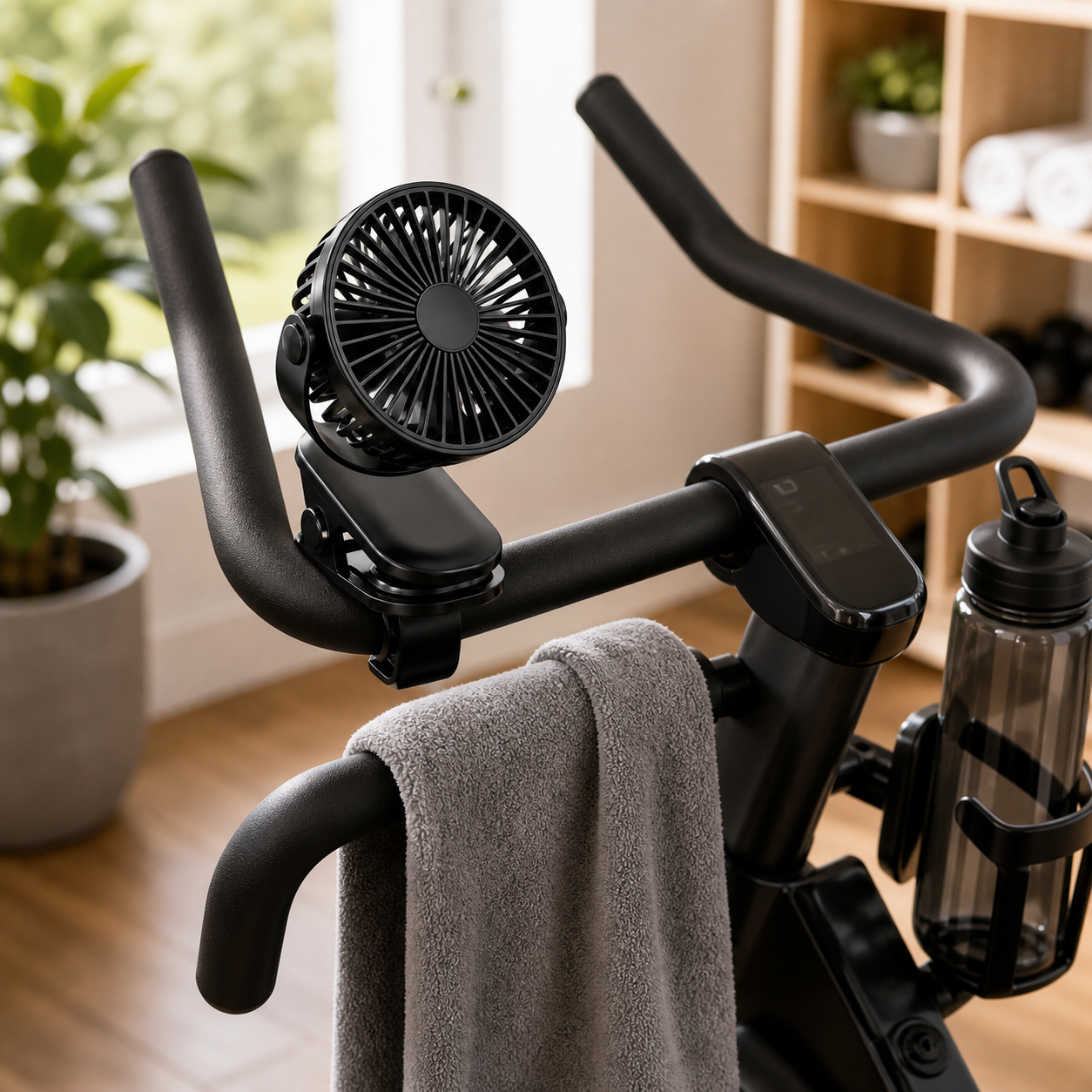 ClipCool clip fan attached to indoor exercise bike handlebars