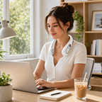 BreezeLoop wearable neck fan in a warm home office