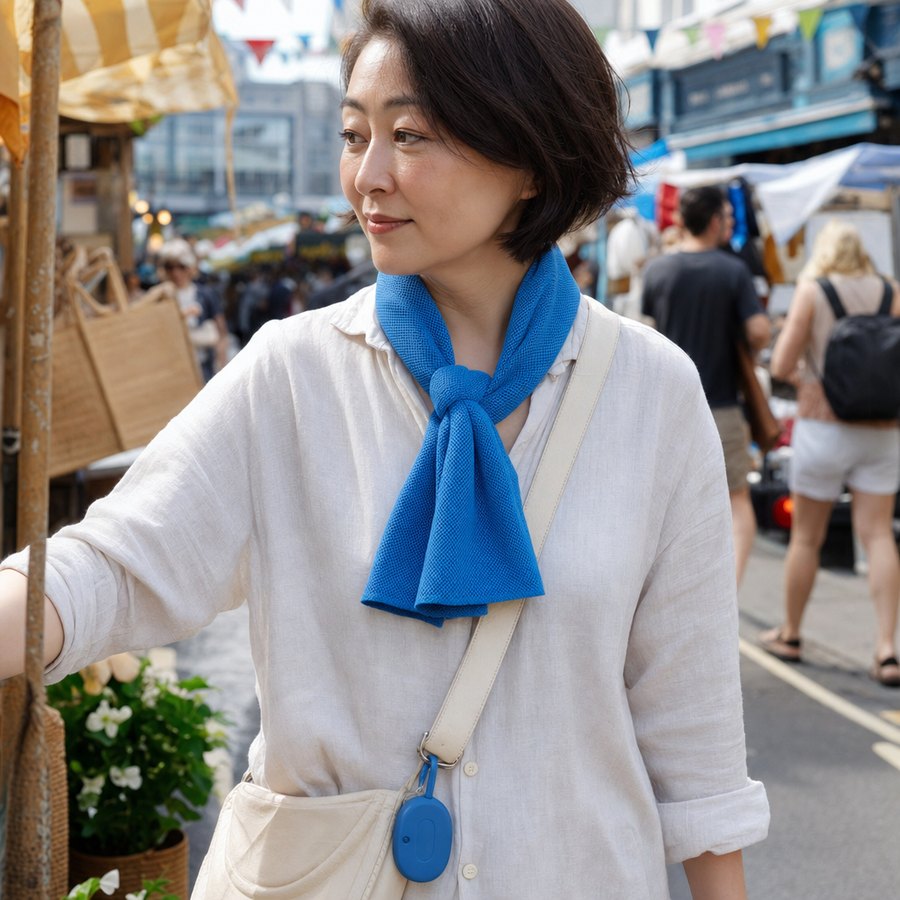 Cooling towel tied around the neck at an outdoor market