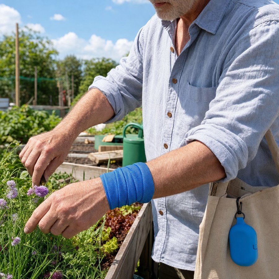 Cooling towel wrapped around the wrist in a garden
