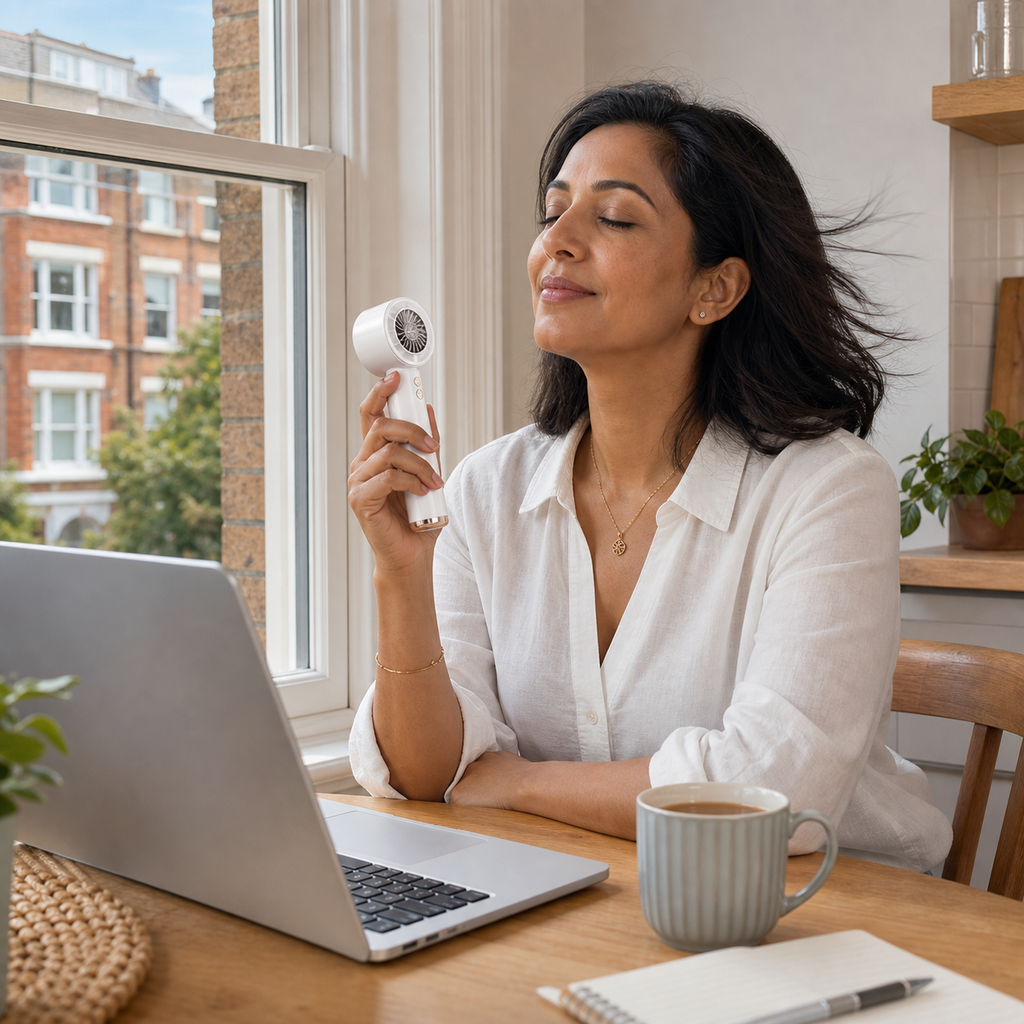 Home worker using Pocket Breeze in a compact UK flat