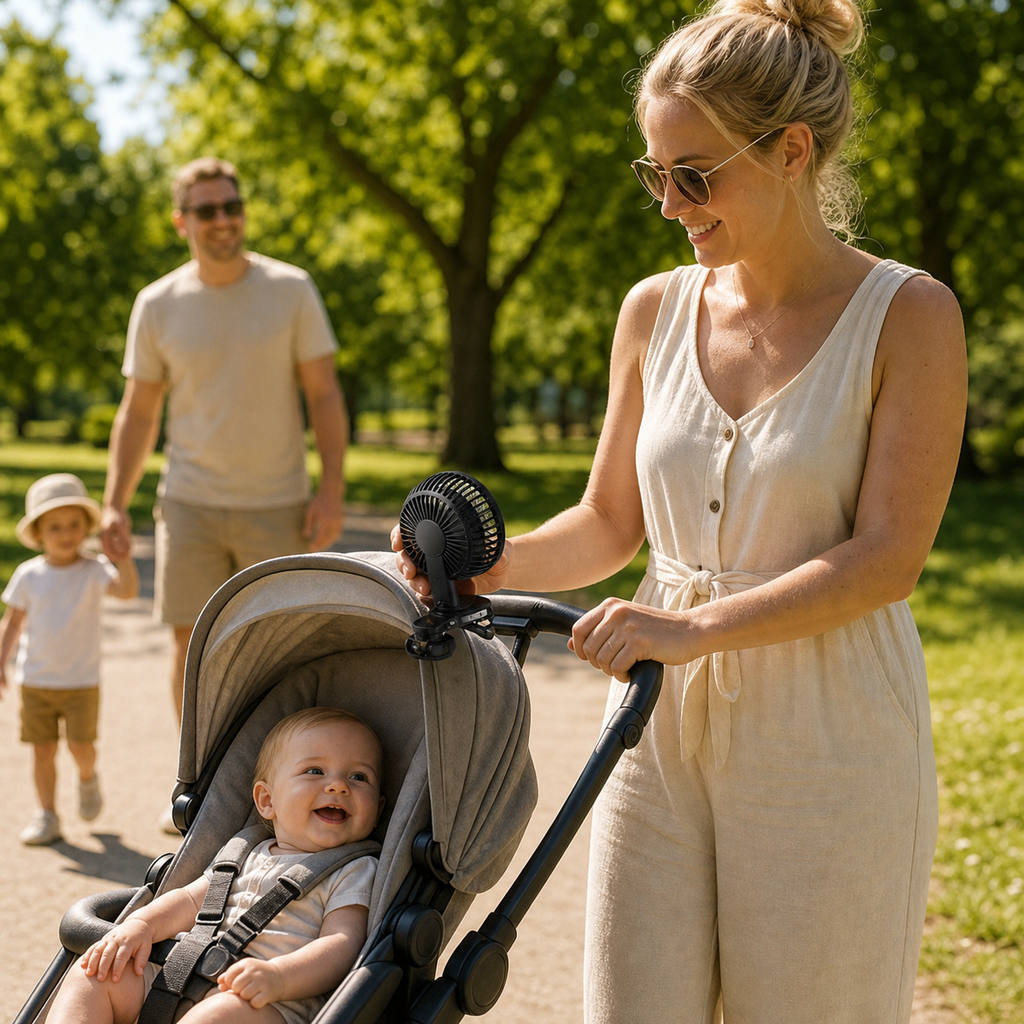 ClipCool rechargeable fan clipped to a pram in summer