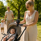 ClipCool rechargeable fan clipped to a pram in summer