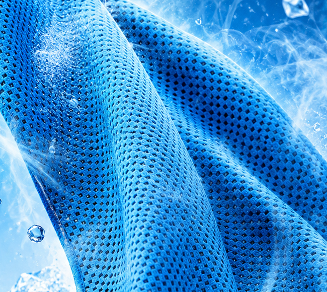 Close-up of blue breathable cooling mesh fabric with cooling effect