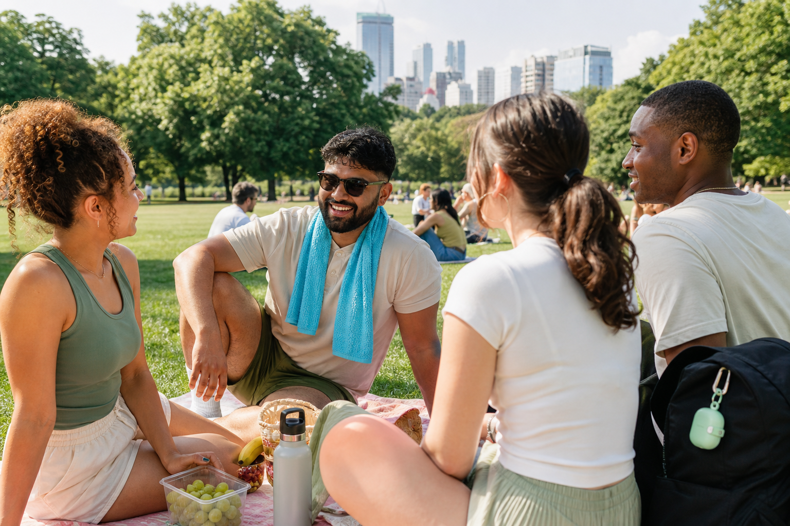 Friends using a cooling towel in a sunny UK park