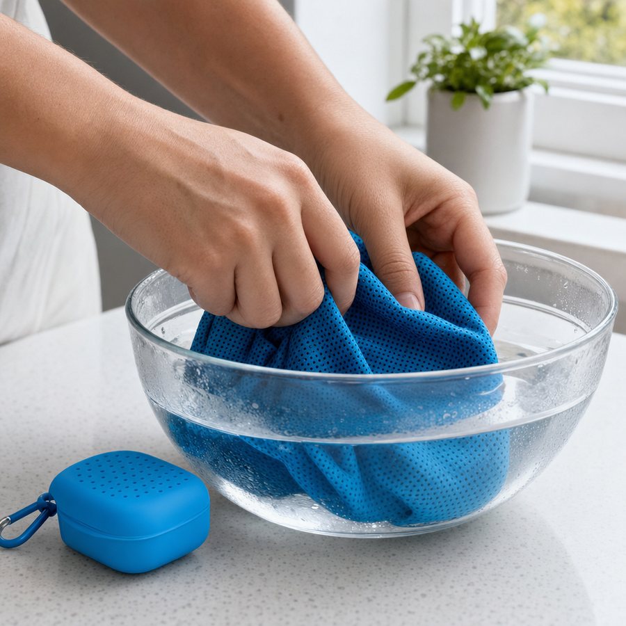Soak the CoolClip cooling towel in cool water
