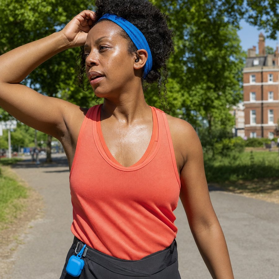 Cooling towel worn as a headband in a park