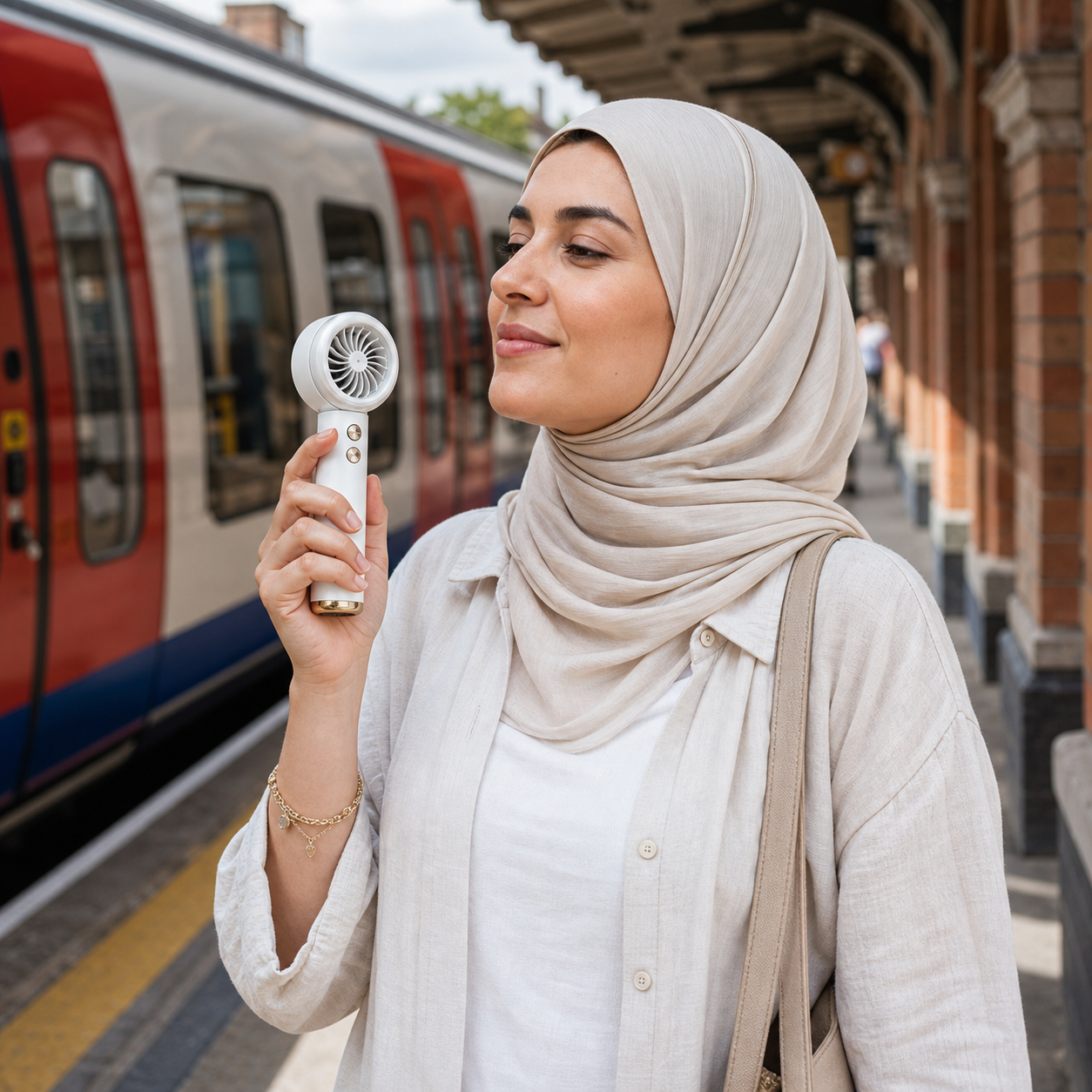 Commuter using a white handheld fan at a UK station